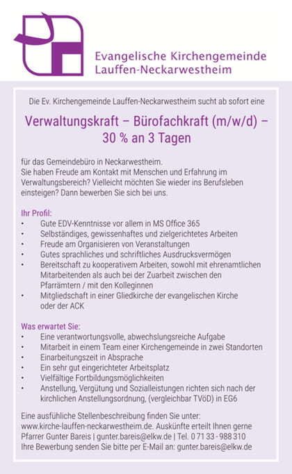 Pfarramtssekret&auml;rin/AGL gesucht